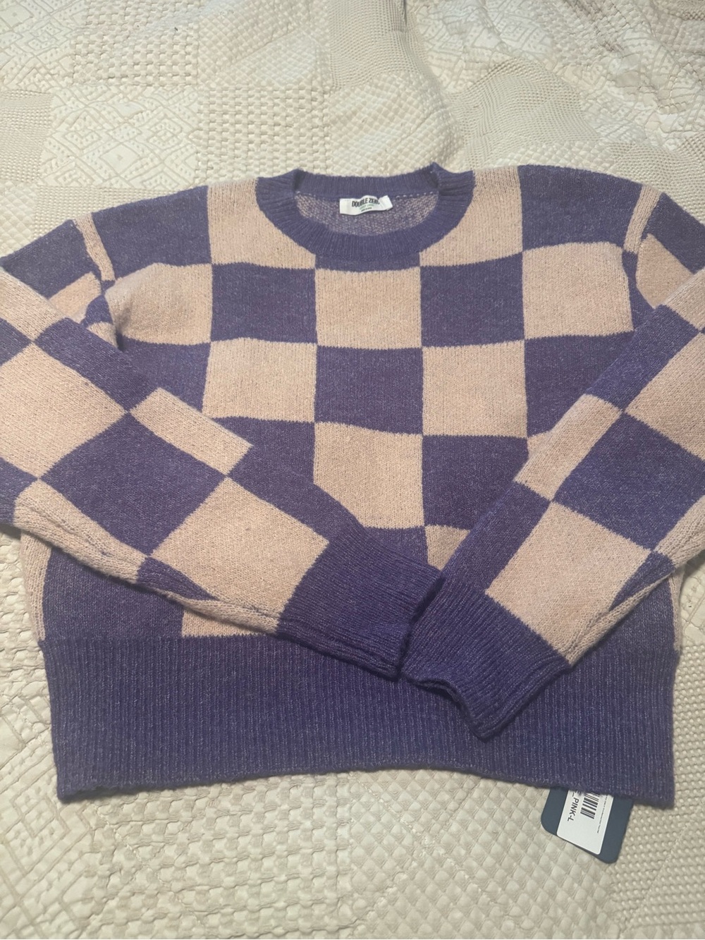 Double Zero Checkerboard Crewneck Sweater in Purple and Beige